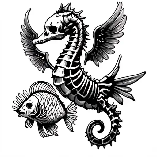 Skeleton Sea Horse With Wings And Tattoos And A Pet Skeleton Puffer Fish