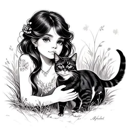 An Elegant Girl With A Cat Companion Exploring The Outdoors