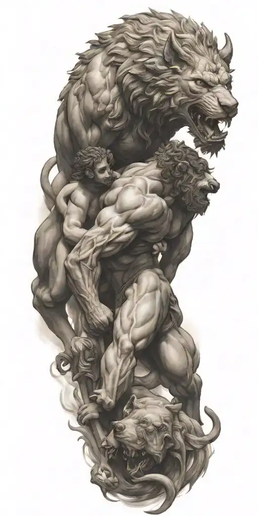 Hercules Fighting Cerberus With A Lot Of Details