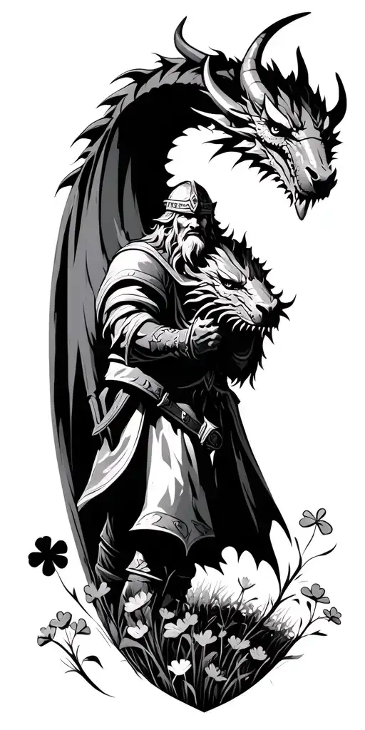 Powerful Viking With A Dragon In A Clover Field Durning Sunset