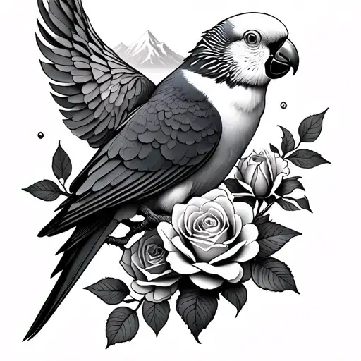 Parakeet And Roses And Mountain Scene