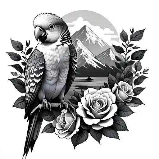 Parakeet And Roses And Mountain Scene Inside