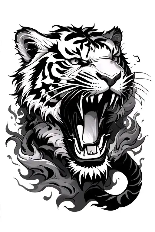 Chinese Tiger Roaring With A Chinese Dragon Breathing Fire Next To It