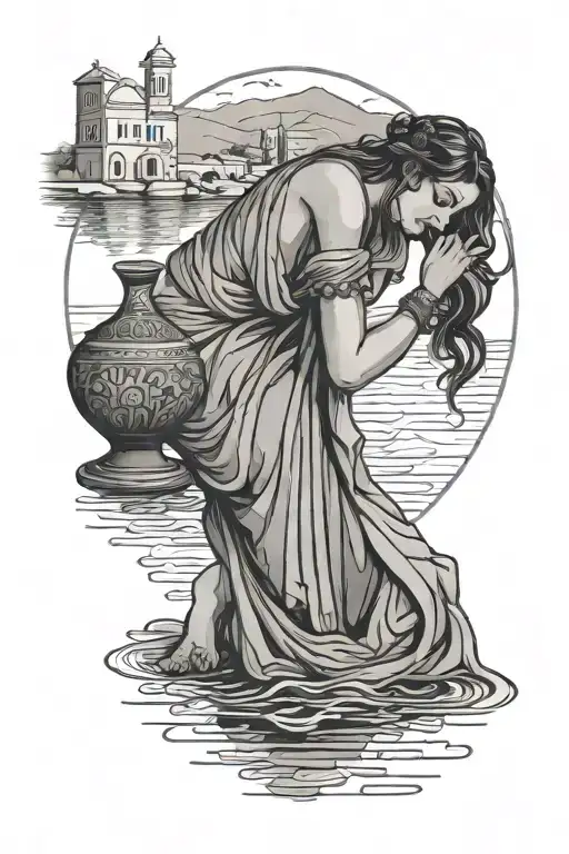 Greek Woman Kneeling With Vase In A Dress By The River Half Dressed