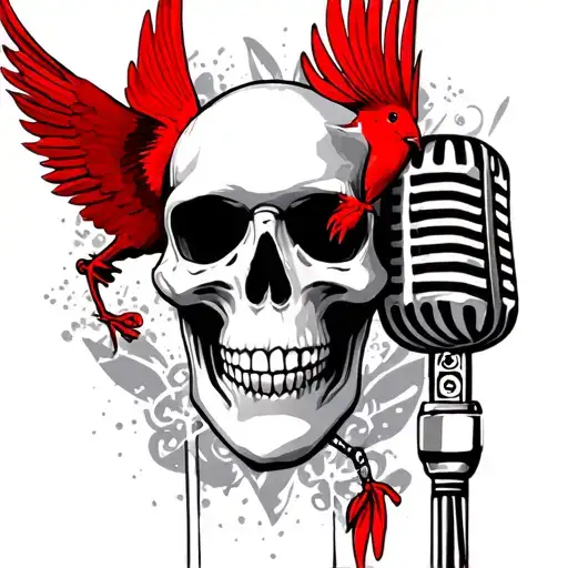 Skull With Red Bird And Elvis Microphone