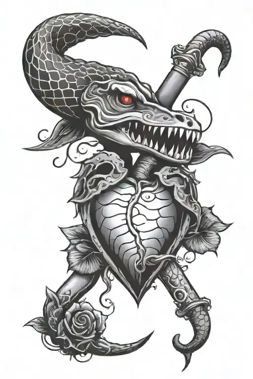Heart With A Knife In Blood And A Snake