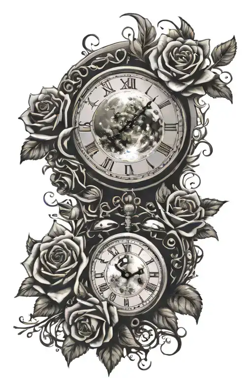 Moon Above Roses Blooming With A Clock Sorrunded By Vines