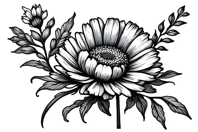 One Marigold And One Larkspur Flower Intertwined In Skinny Line