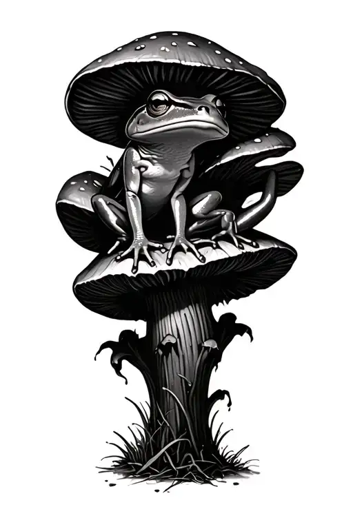 One Frog Sitting On Mushroom And Another One Laying On Ground Under It