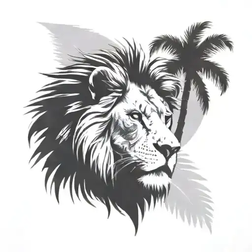 Wounded Lion Head With Palm Tree In The Background