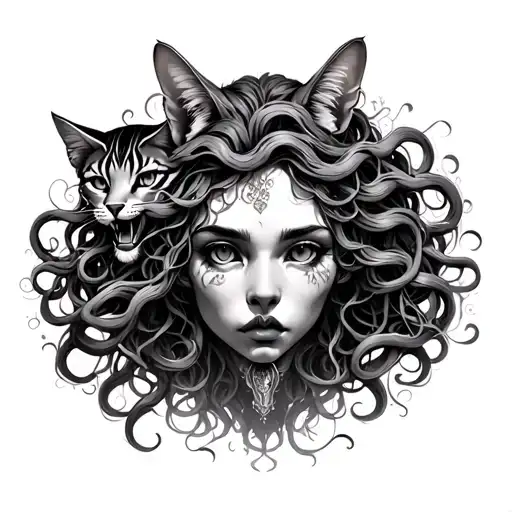 Medusa Head With Ferocious Cats In Her Hair Tangled Together