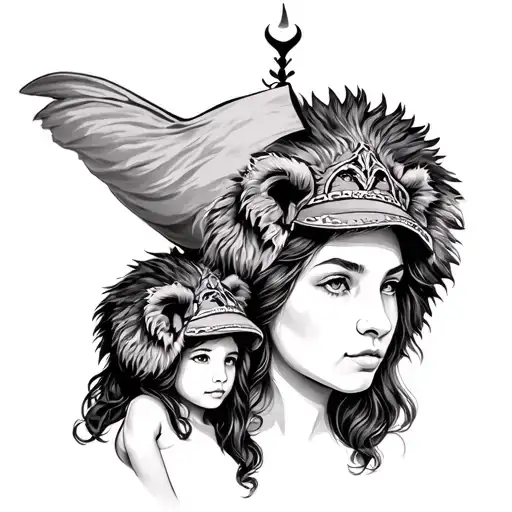 Woman With A Lion's Hat With 2 Children