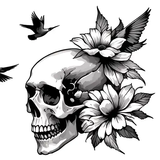 Skull With A Flower Growing Out Of It The 4 Swallows Flying In The Background