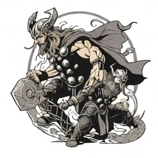 Thor Fighting Midgardrsormr In Norse Style