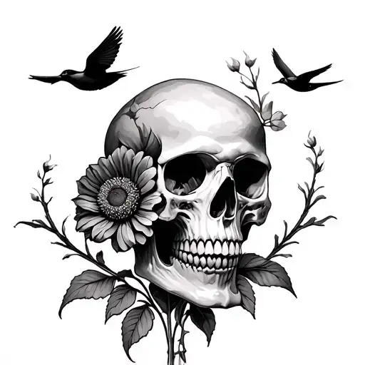 Skull With A Flower Growing Out Of It The 4 Swallows Flying In The Background