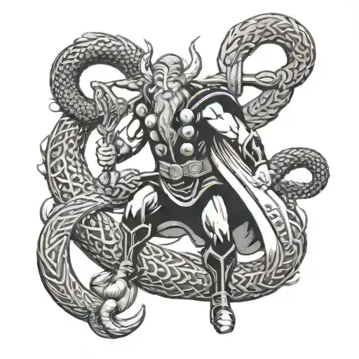 Thor Fighting The World Serpent In Norse Style