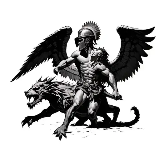 Angel San Miguel With A Trojan Helmet Attacking A Demon