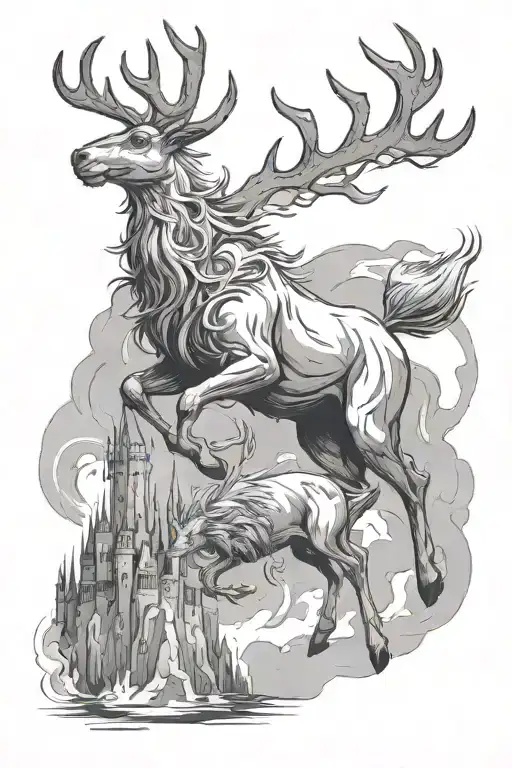 A Reindeer Patronus Fending Off A Dementor And In The Background Is The Hogwarts Castle