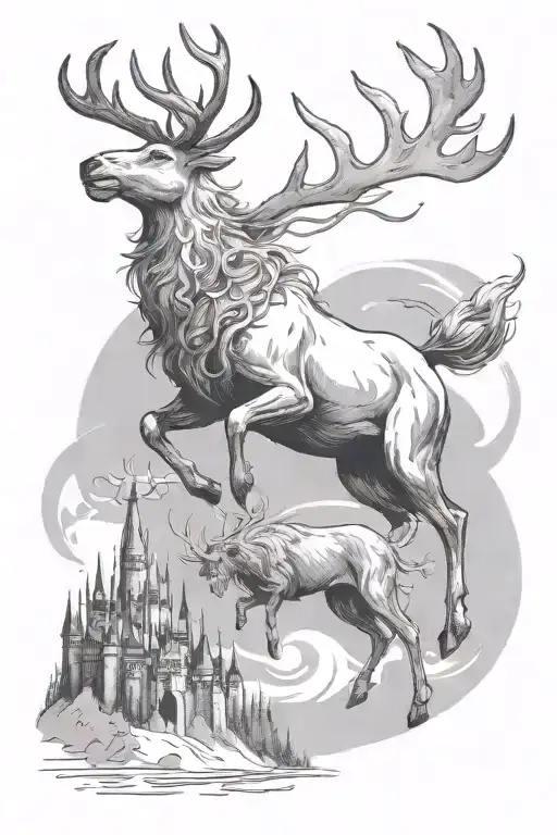 A Reindeer Patronus Fending Off A Dementor And In The Background Is The Hogwarts Castle