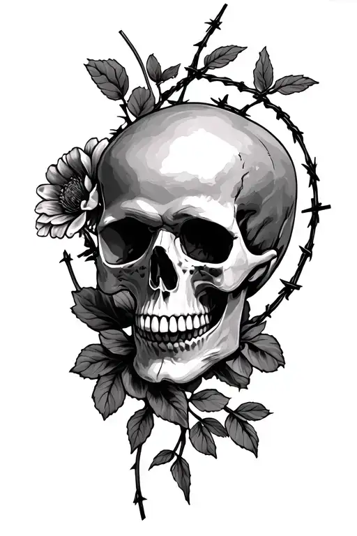 Barbed Wire And Skull An Flowers