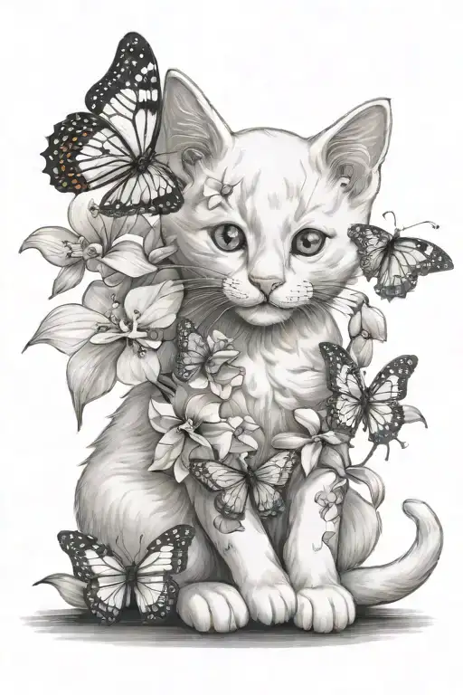 White Kitten Sits Sniffing Orchid And Butterflies Fly Around