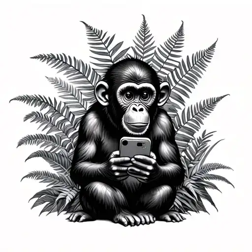 Adolescent Monkey Surrounded By Jungle Ferns Holding And Watching Iphone