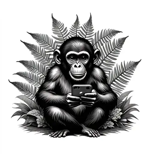Adolescent Monkey Surrounded By Jungle Ferns Holding And Watching Iphone