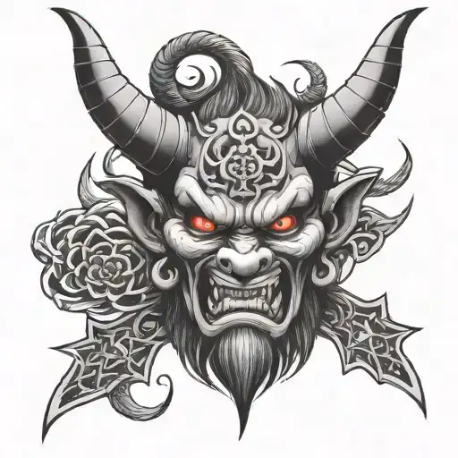 Oni Devil Face Tattoo With 8 Pointed Stars