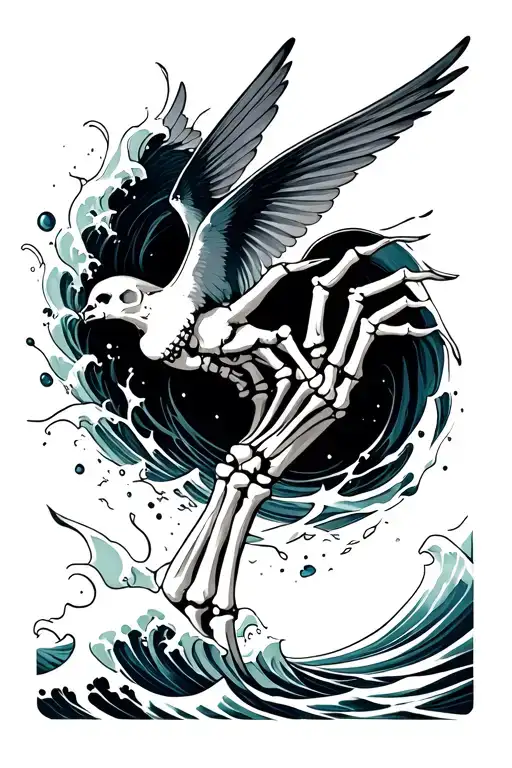 Ocean Wave Splashing Skeleton Hand Reaching For Swallow