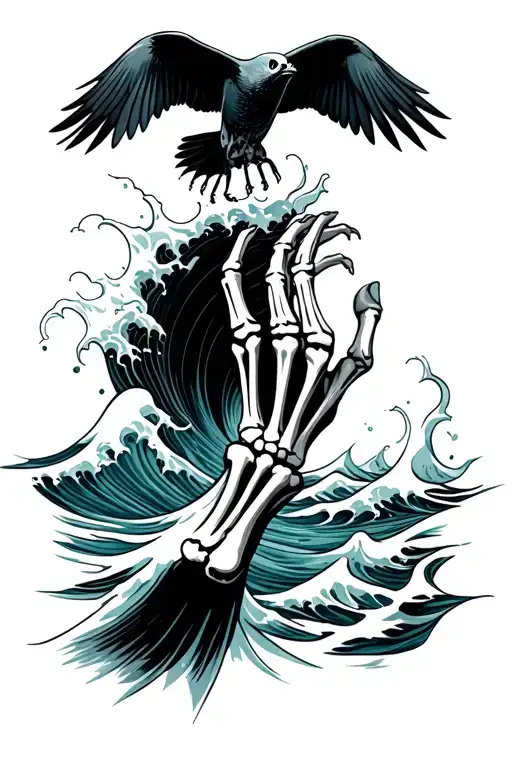 Ocean Wave Splashing Skeleton Hand Reaching For Swallow