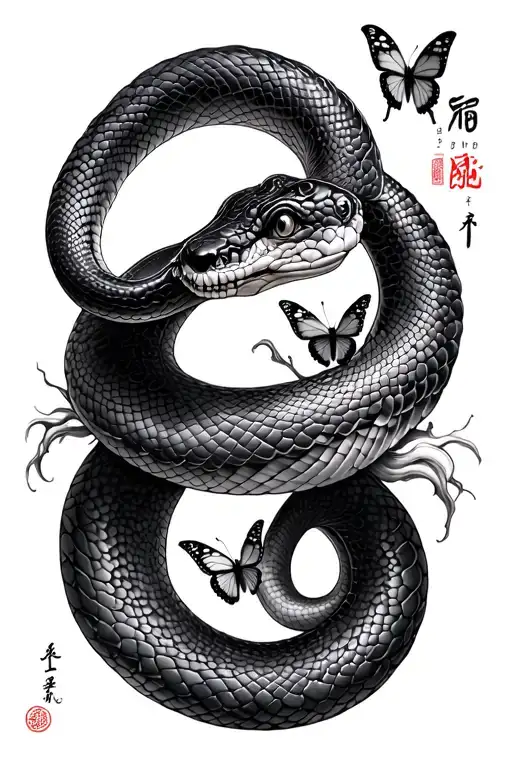 Snake Coiled Snake Wrapped With Butterflies And Chinese Words