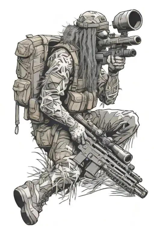 Sniper In Ghillie Suit With Rifle Surrounded