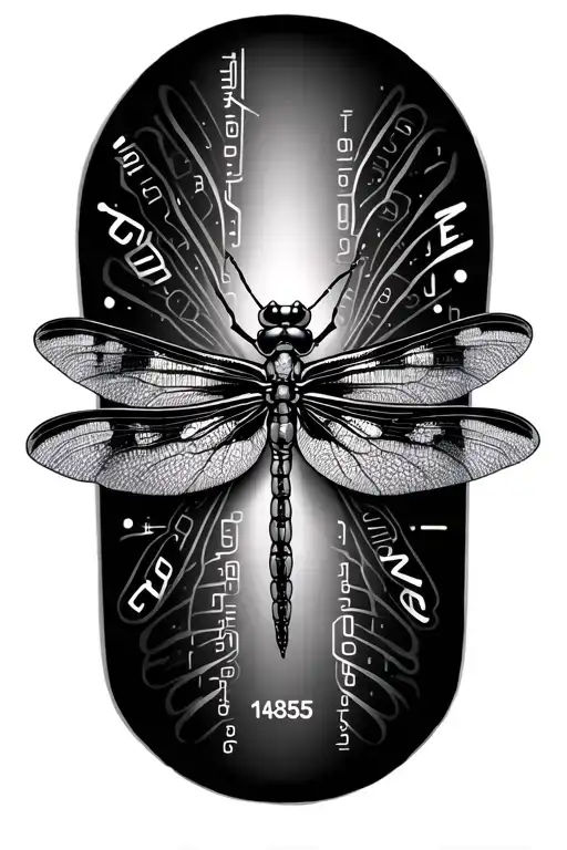 Dragonfly With Genetic Coding Around It The Number 14855 On A Wing