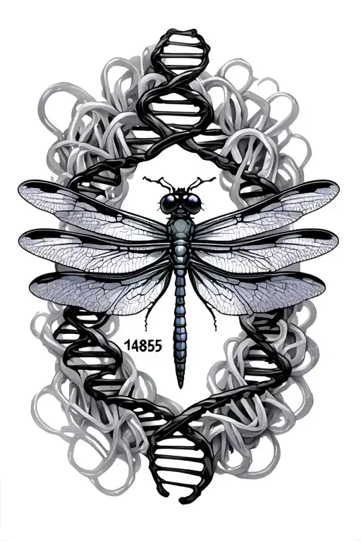 Dragonfly With Dna Strands Around It The Number 14855 On A Wing