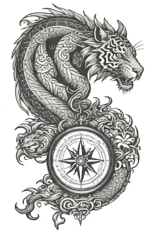 Compass Surrounded By A Dragon Wrapped And A Tiger