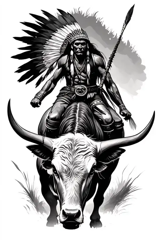 Native American Warrior Riding A Bull