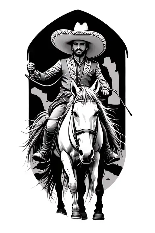 Charro On Horseback With His Sombrero Held By His Hand On A Paint Horse