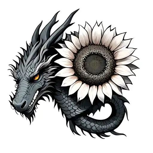 Aztec Dragon Wrapped Around Sunflower