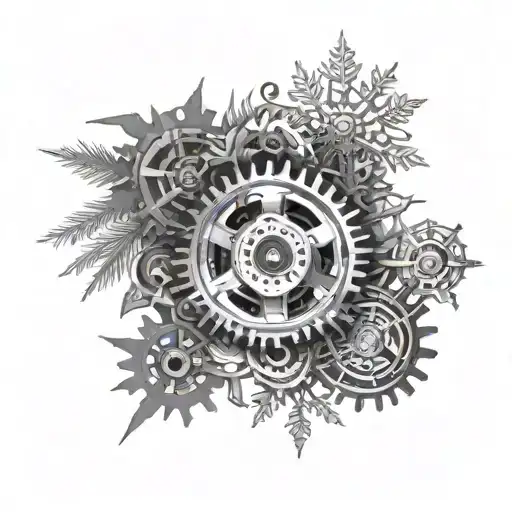 An Intricate Gear Mechanism Intertwined With Snowflakes And Pine Branches