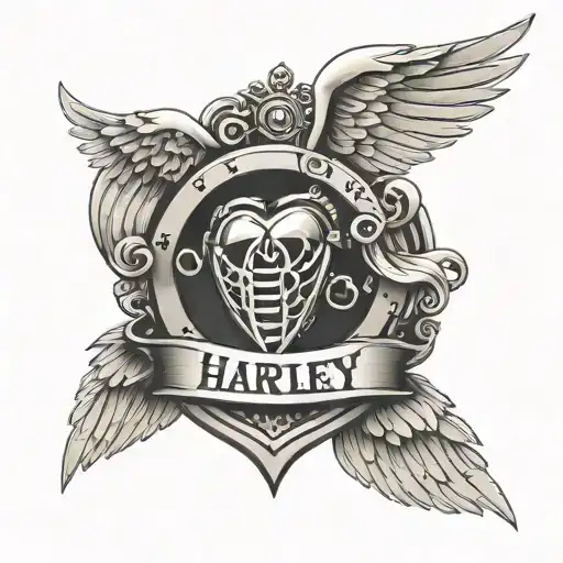 Harley Badge With Angel Wings And Heart Beat And Wedding Rings