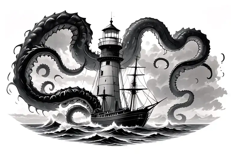 Lighthouse In A Storm With A Ship Getting Sunk By A Giant Kraken