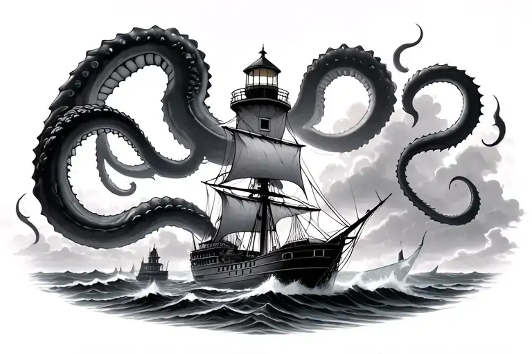 Lighthouse In A Storm With A Ship Getting Sunk By A Giant Kraken