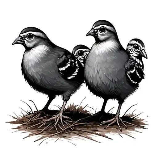 Quail Family With 2 Chicks