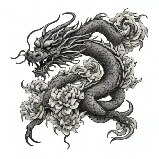 Chinese Dragon With Plumb Blossoms Made In Blackwork