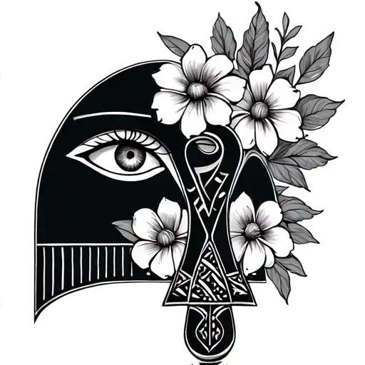Ankh With Eye Of Horus And Ra With Flowers