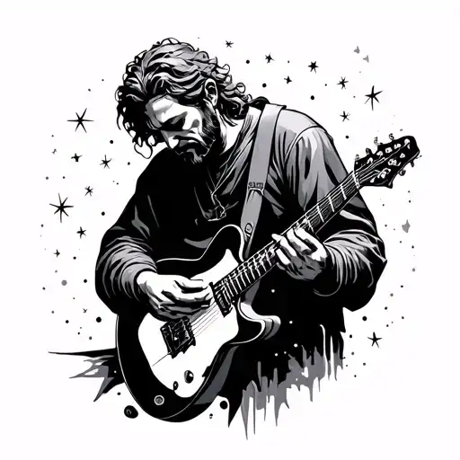 A Stoic Figure Playing A Guitar Under A Starry Sky