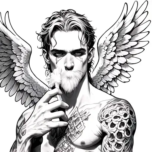 Aryl With Angel Wings And Scales In His Hand And Drugs On His Lips
