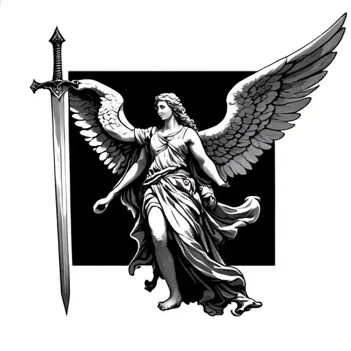 Angel Holding A Sword And Flag Waving