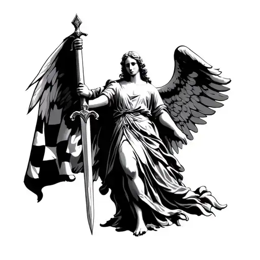 Angel Holding A Sword And Flag Waving In Both Arms