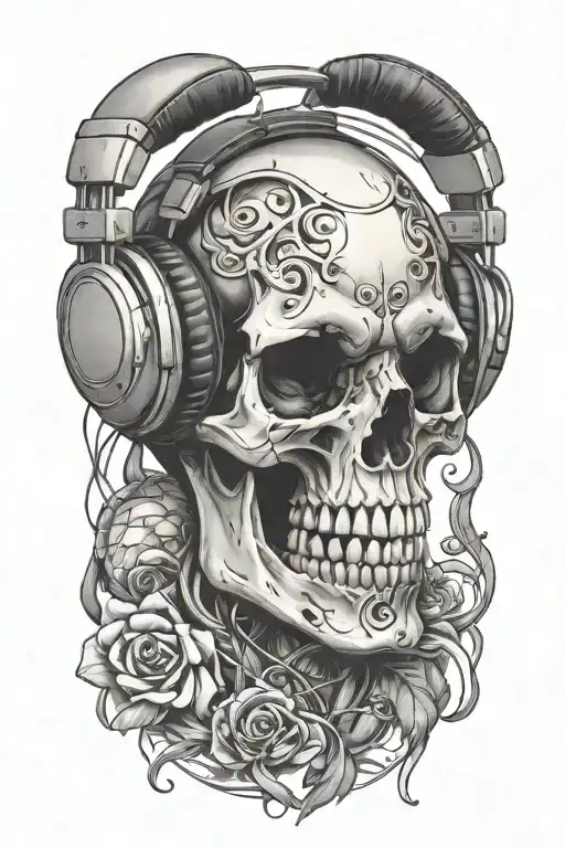 Skull Wearing Headphones Surrounded By Musical